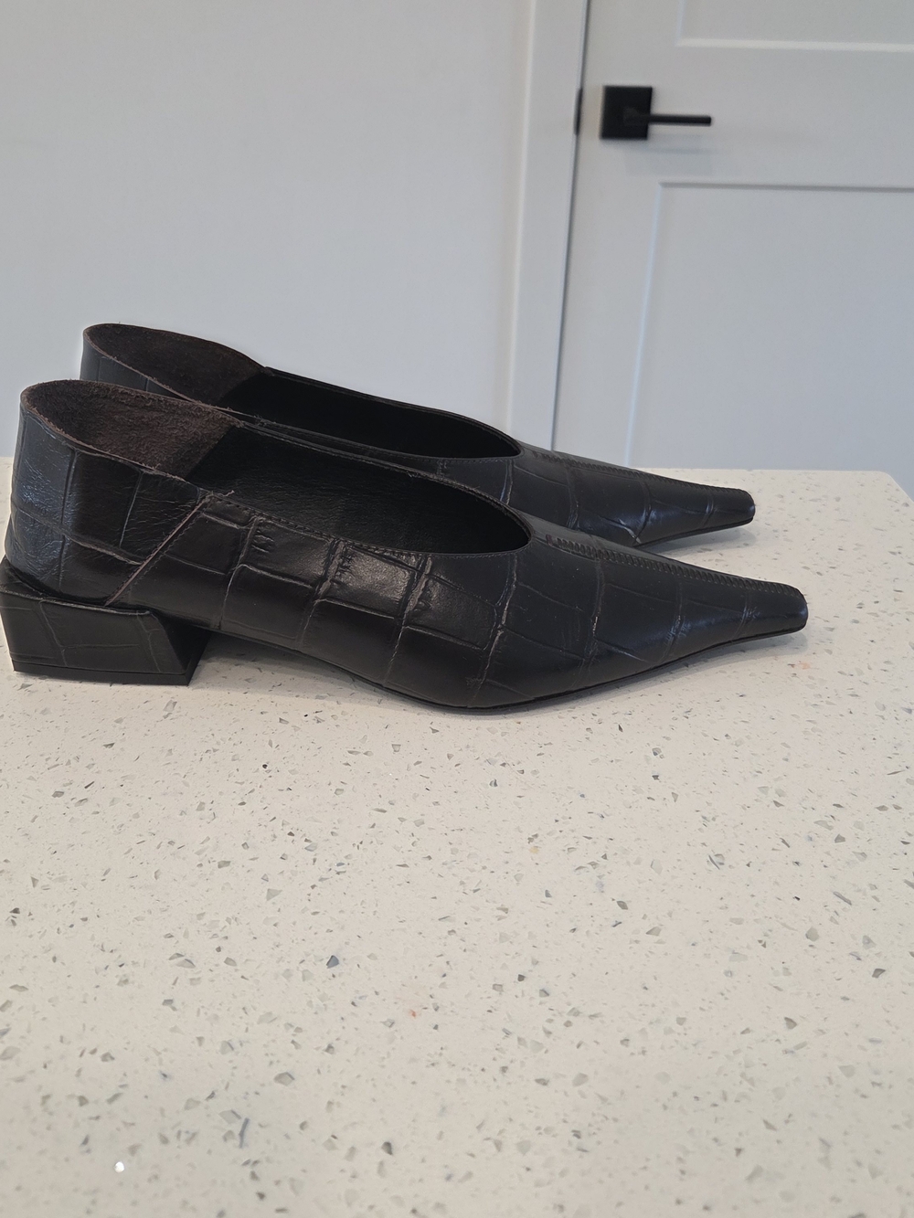 Black Croc-Embossed Pointed Toe Leather Flats - Picture 3 of 13